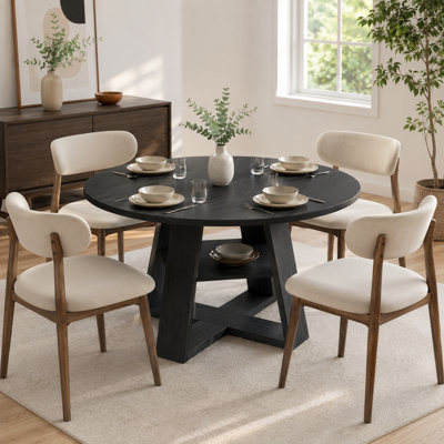43.3" Round Dining Table for 4 with 2-Tier Storage Shelf, Black Wood-Grain MDF Top and Metal Reinforcement