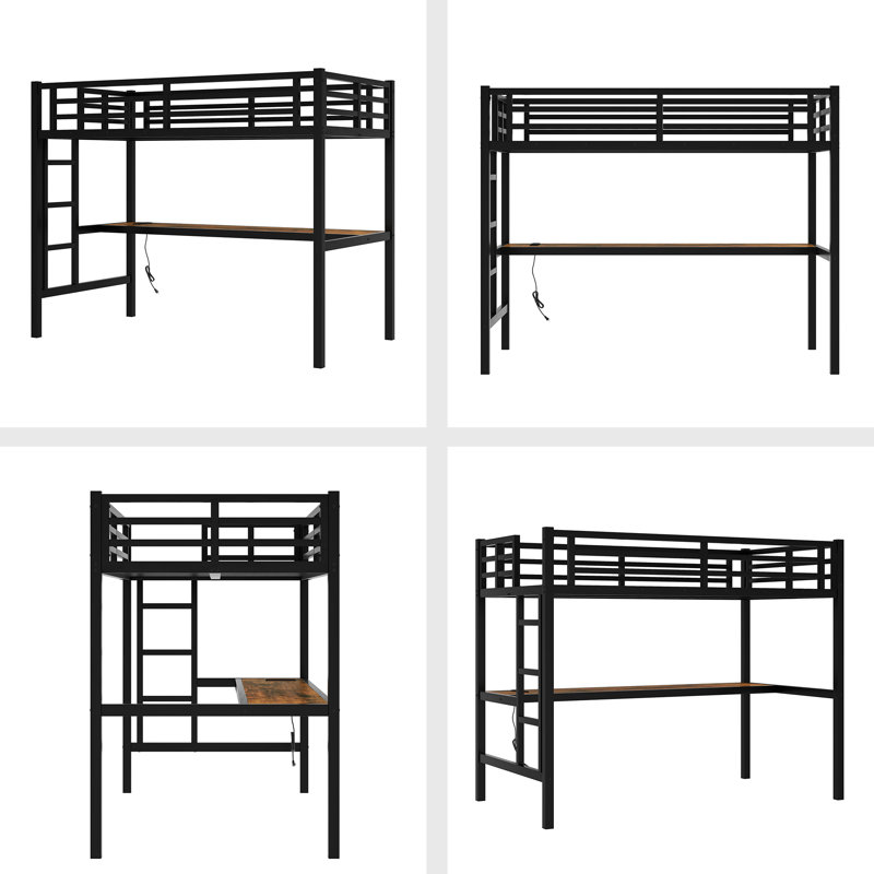 Metal Loft Bed With Power Outlet And LED Lighted, Space-Saving, Noise Reduced, Black, Twin XL