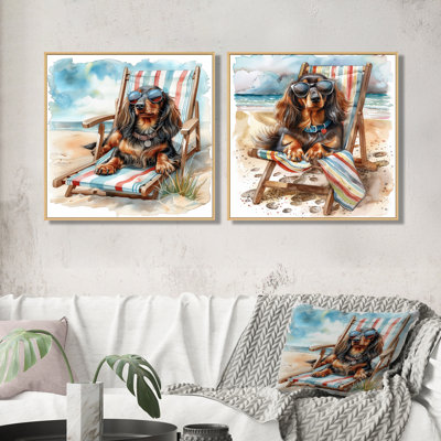 Daschund chien bronzant sur une chaise de plage I - décoration murale animaux côtiers - art mural nautique 2 pièces