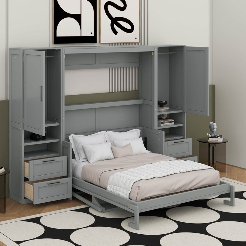 Grand lit escamotable mural avec placard, tiroirs et tablettes, Gris