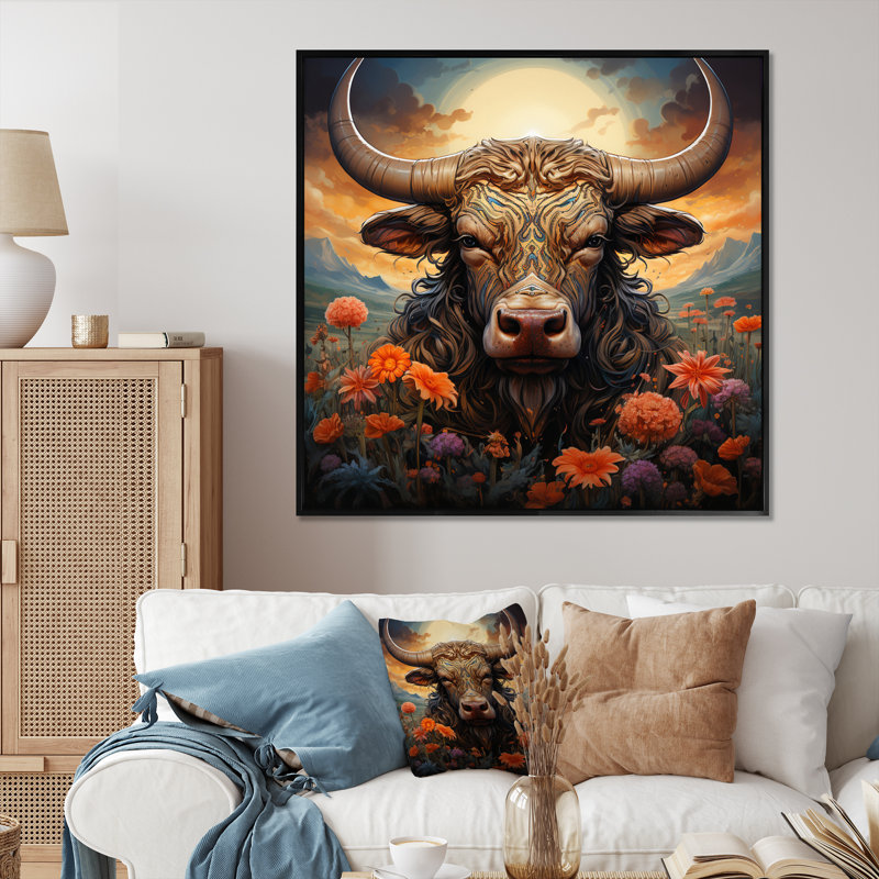 Buffalo at Sunrise - animaux, art mural sur toile, H 36 po x l 36 po x P 1,5 po, Cadre flottant noir