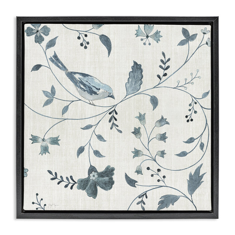 Motif de fleurs avec oiseaux perchés, Cadre flottant noir de jais, H 18 po x l 18 po