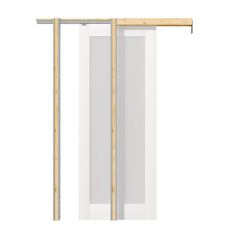 Frosted Glass 1-Lite Sliding Pocket Door White Standard Door with Hardware Kit Set, 36" x 80"