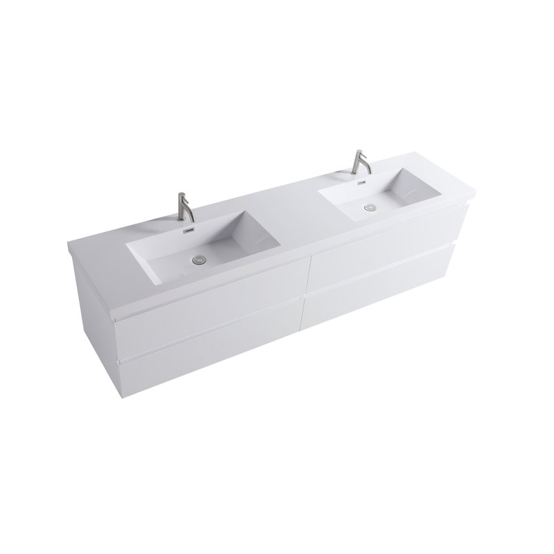 84" White Plywood Floating Double Sink Vanity with Resin Top
