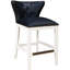 Tabouret de comptoir bleu foncé, bois massif, dossier capitonné, assise à ressorts à arc, base