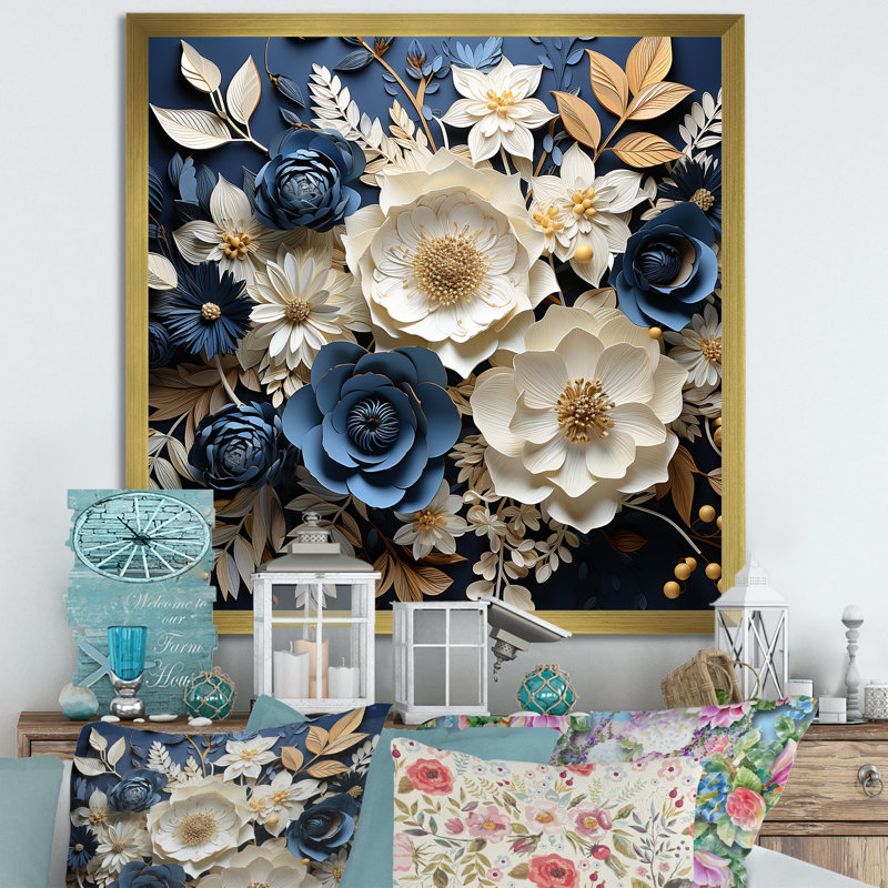 «Blue and White Seasonal Flowers Collage VI», reproduction sur toile, Cadre doré simple, H 30 po x l 30 po x P 1 po