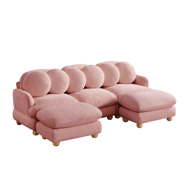 Ensemble de salon modulaire 5 pièces en chenille avec 2 poufs, 6 coussins ronds et pieds en bois massif, rose poudré