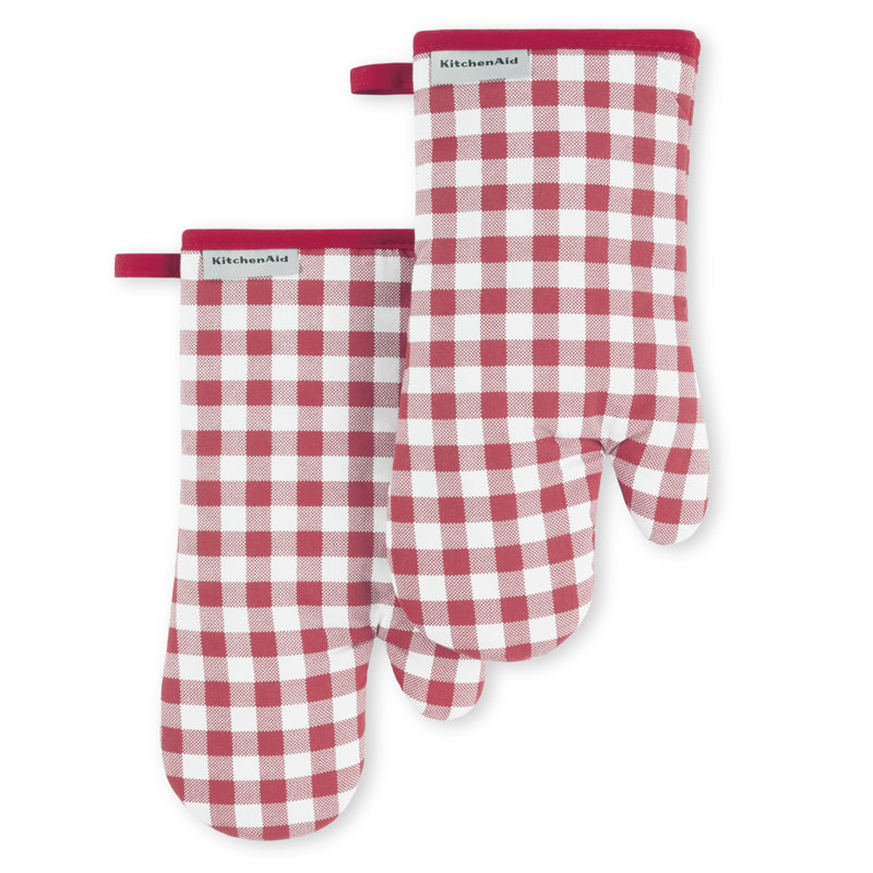 KitchenAid Gingham Oven Mitt 2-Pack Set, 7" x 13", Red