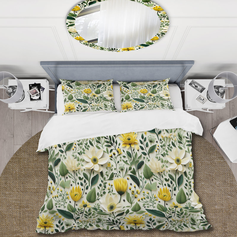 Meadow Greenery Botanical Green Duvet Cover, Twin Duvet Cover + 1 Standard Sham