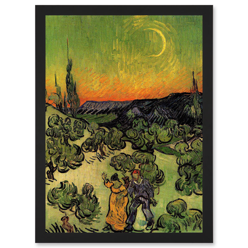 Landscape With Couple Walking And Crescent Moon by Vincent Van Gogh - Single Picture Frame Painting