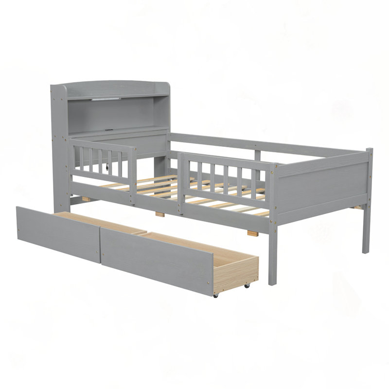 Wood Twin Size Platform Bed with Built in LED Light, Grey