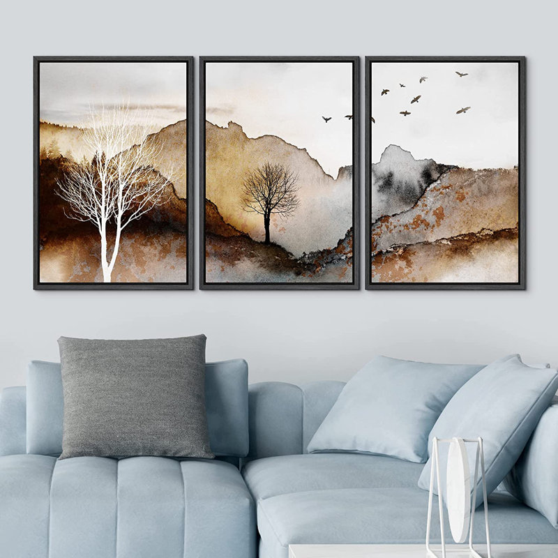 "Mountain Forest", paysage naturel abstrait, images de paysage encadrées sur toile, impression sur toile 3 pièces, Cadre noir