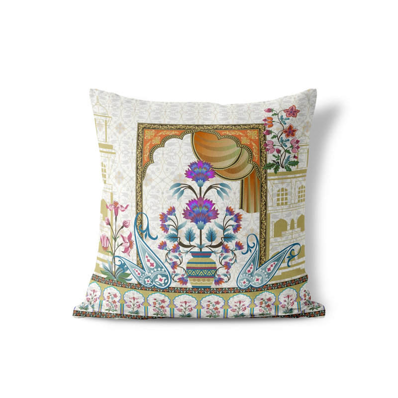 Housse et insert de coussin intérieur / extérieur en polyester Mughal Paradise, 18 po x 18 po, Blanc