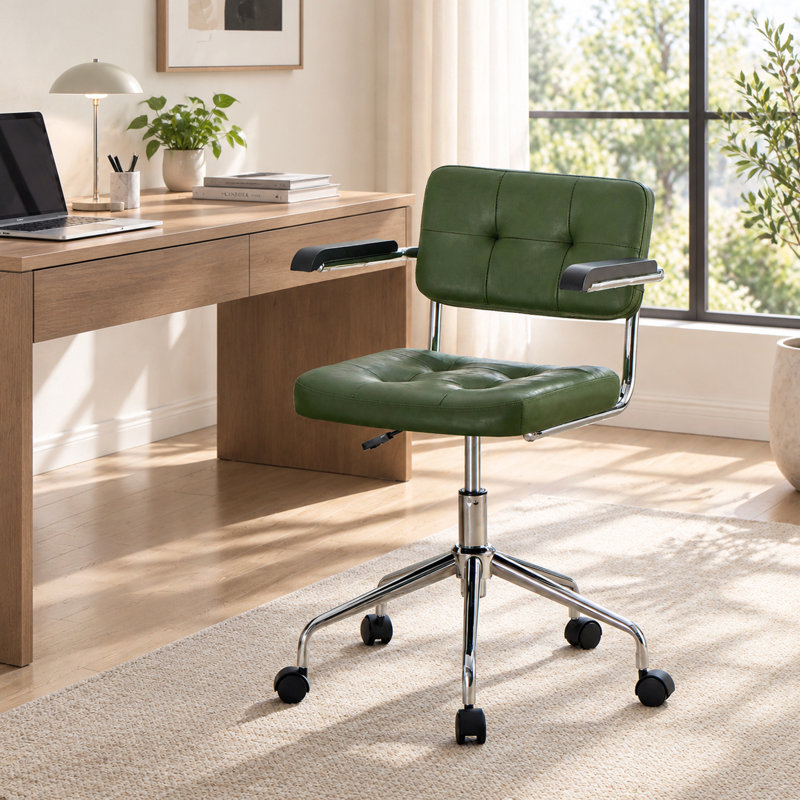 Chaise de bureau pivotante et réglable Ayris, style moderne du milieu du siècle, avec accoudoirs en bois et piètement chromé.