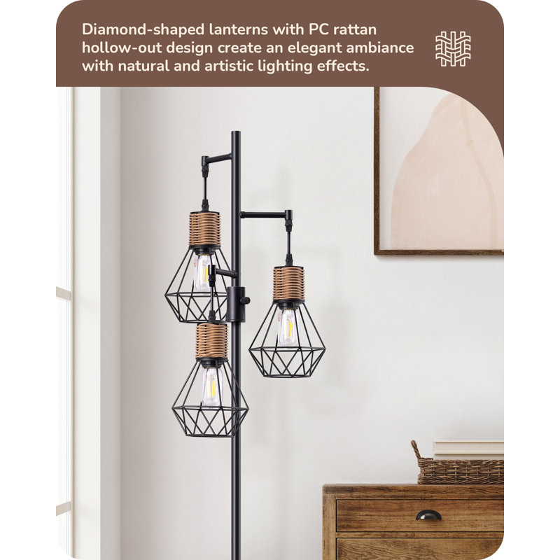 Dimmable Industrial Floor Lamp With 3 LED Edison Bulbs, Diamond-Shaped Rustic Rattan Cage For Living Room, Bedroom, Office - Black
