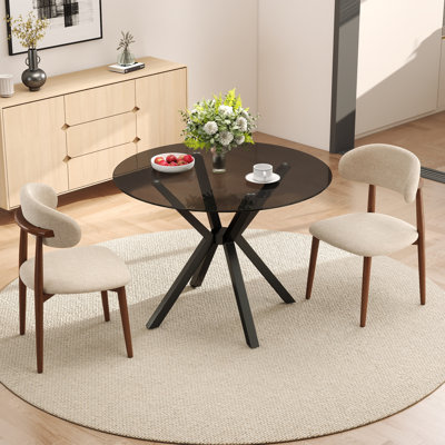 Table de salle à manger ronde en verre trempé 36 pouces avec pieds en métal à motif de riz et ensemble de chaises en coton et lin revêtues de caoutchouc