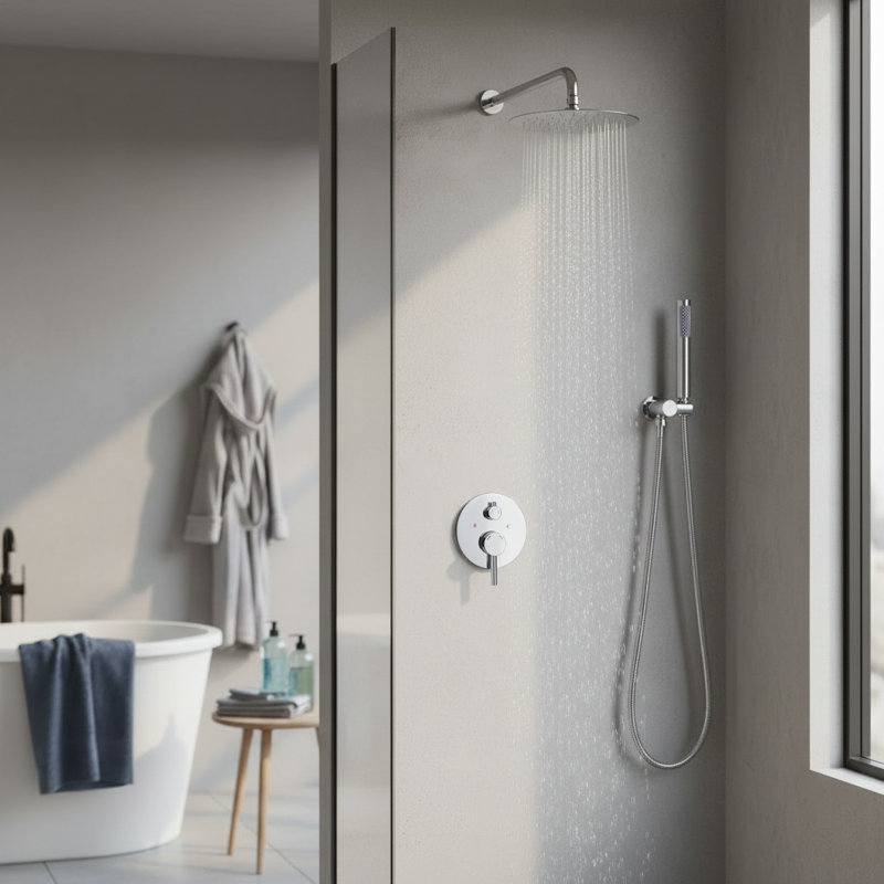 10" Chrome Wall Mounted Dual Function Shower System With Rough-In Valve, Rainfall Head And Handheld, Silver