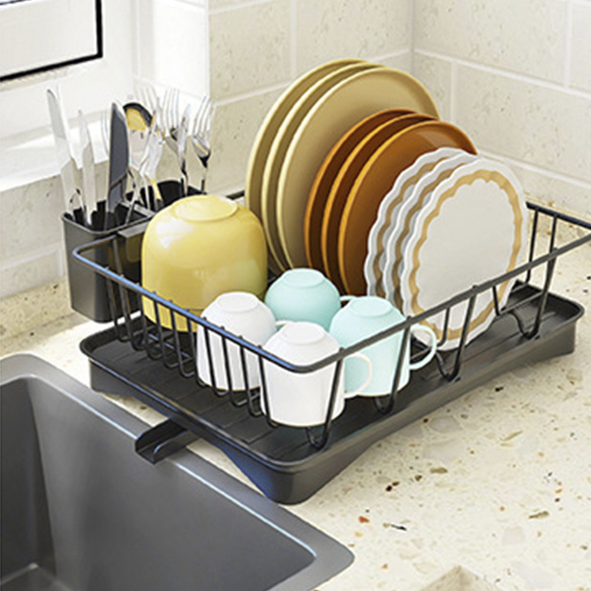 Aluminum Dish Rack with Expandable Over Sink Plate Rack, Drip Tray