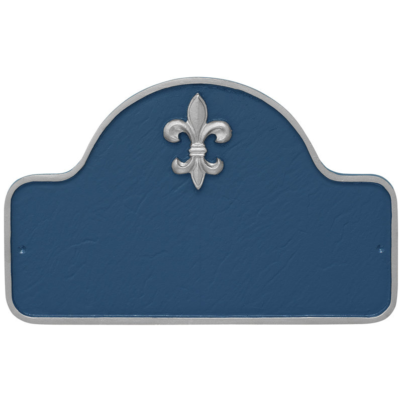 Plaque d'adresse à une ligne Fleur de Lis, Bleu de mer / Argent, Oui