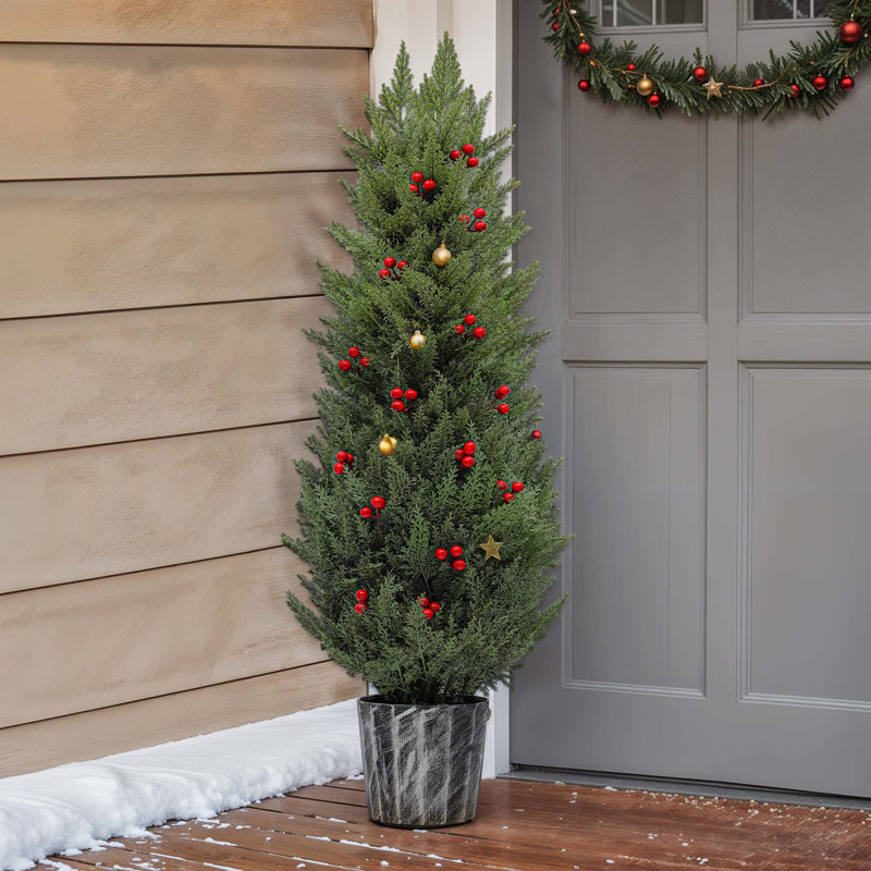 2 pcs 4ft Artificial Cypress Tree, Outdoor Artificial Cypress Tree Potted Plants with Red Berries