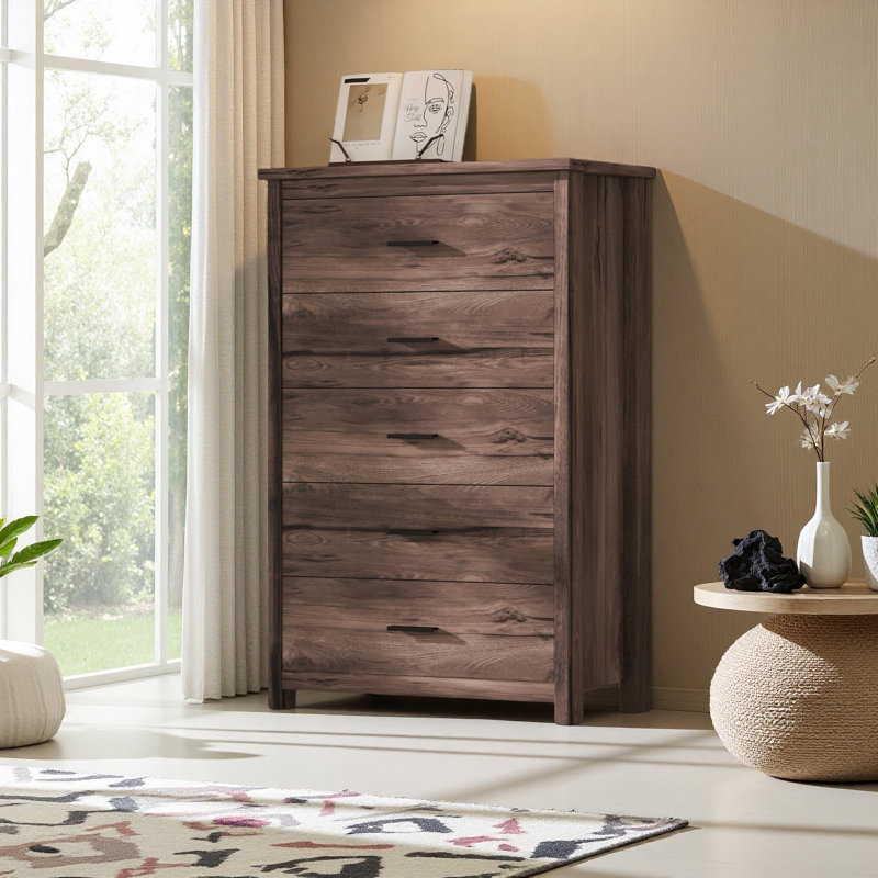 Commode en bois rétro à 5 tiroirs, Noyer foncé