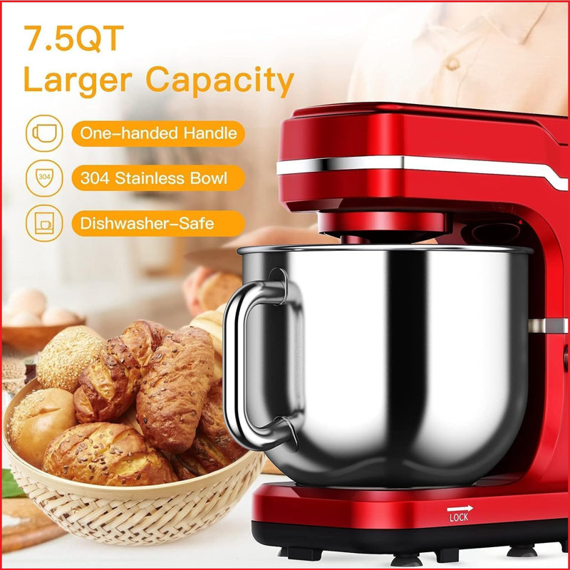Stand Mixer - 7.5qt Bowl With Handle, 660w Motor, 10-speed Settings, Tilt-head Design, Dough Hook, Beater, Splash Guard, Red