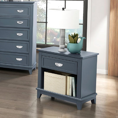 Table de chevet bleu marine, design classique, un tiroir avec glissières à roulement, tablette de rangement pour tablette inférieure et, look pour chambre à coucher, aucun assemblage requis