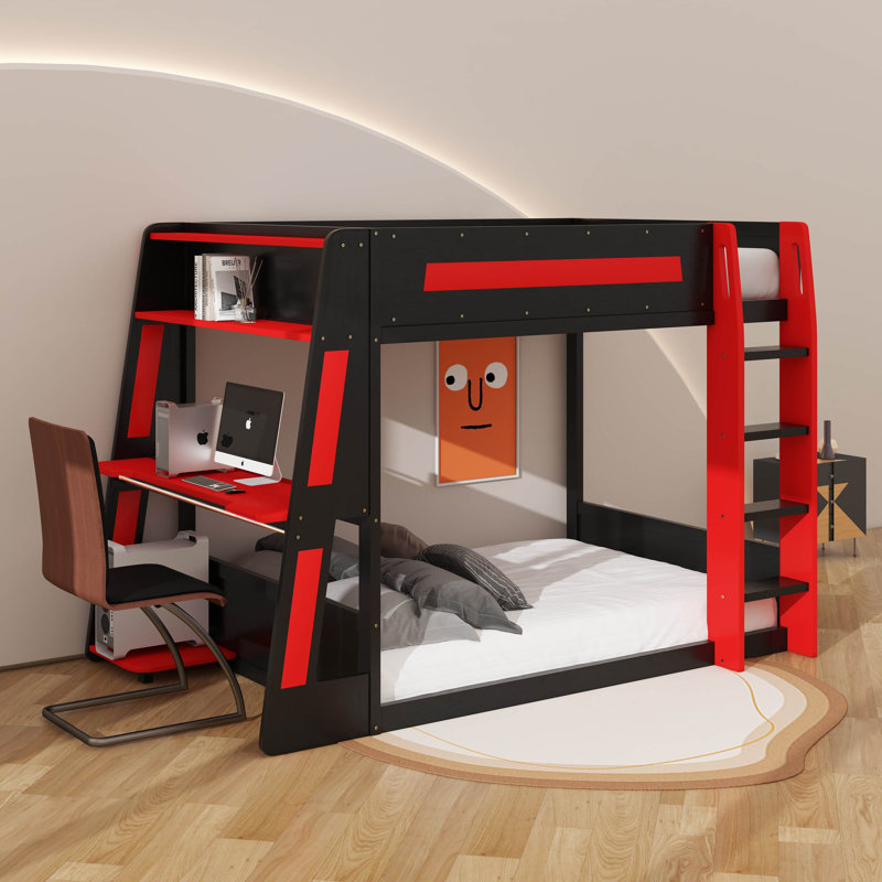 Full Size Wooden Gaming Bunk Bed With Desk, Shelves,USB And LED Light, Full, Black/Red