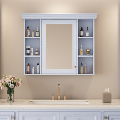 35'' x 28'' Wall Mounted Bathroom Storage Cabinet with Mirror Door, Modern Medicine Cabinet with 6 Open Shelves, Bathroom Wall Cabinet