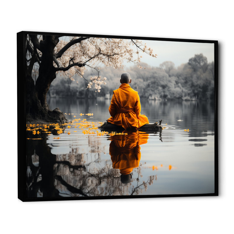 Moine thaïlandais à réflexion silencieuse, Cadre flottant noir, H 30 po x l 40 po x P 1,5 po