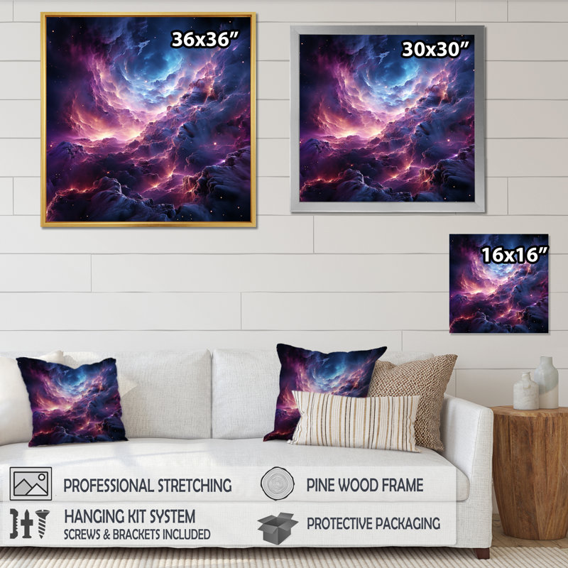 Rêves interstellaires abstraits mauve sarcelle - impression, H 16 po x l 16 po x P 1 po, Cadre flottant doré