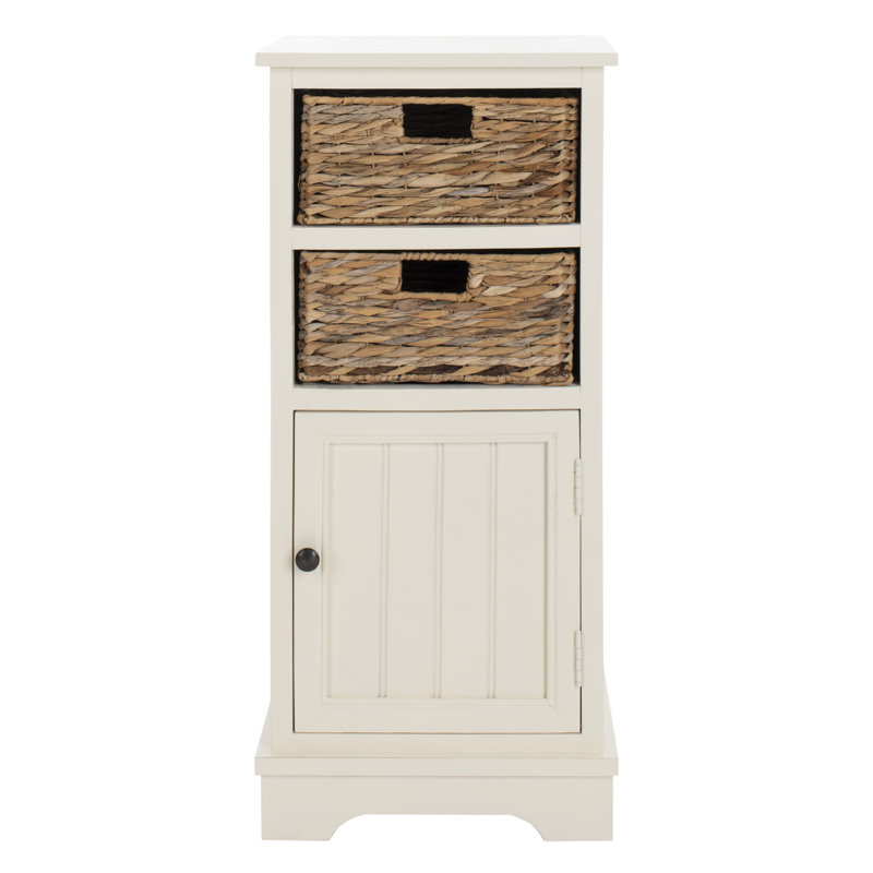 Rustic Painswick Farmhouse Accent Cabinet –Modern Pine Wood with Wicker Baskets & Functional Storage, Vintage White