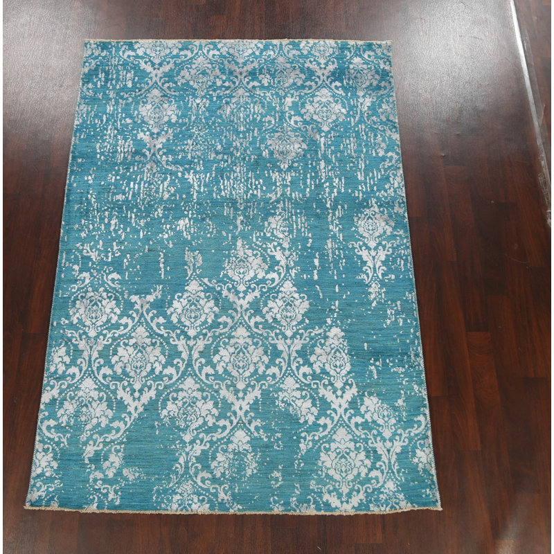 Tapis bleu noué à la main de conception unique 6 pi 1 po x 9 pi 1 po New Age
