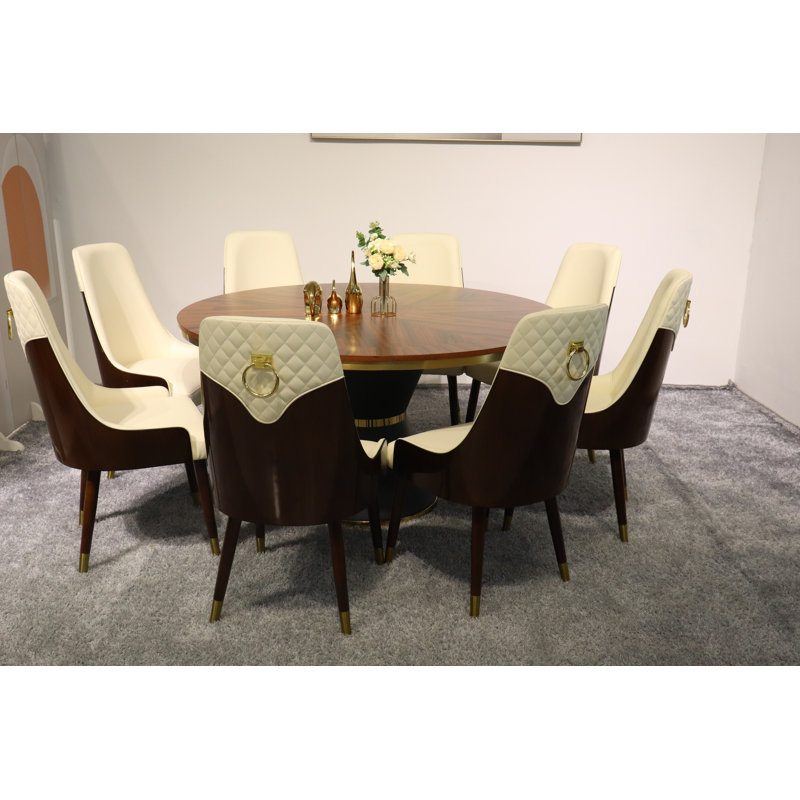 Vogue Lux Orange 61" Round Dining Set, Beige, 9 Pieces: Table, 8 Chairs, 31" H x 61" W x 61" D