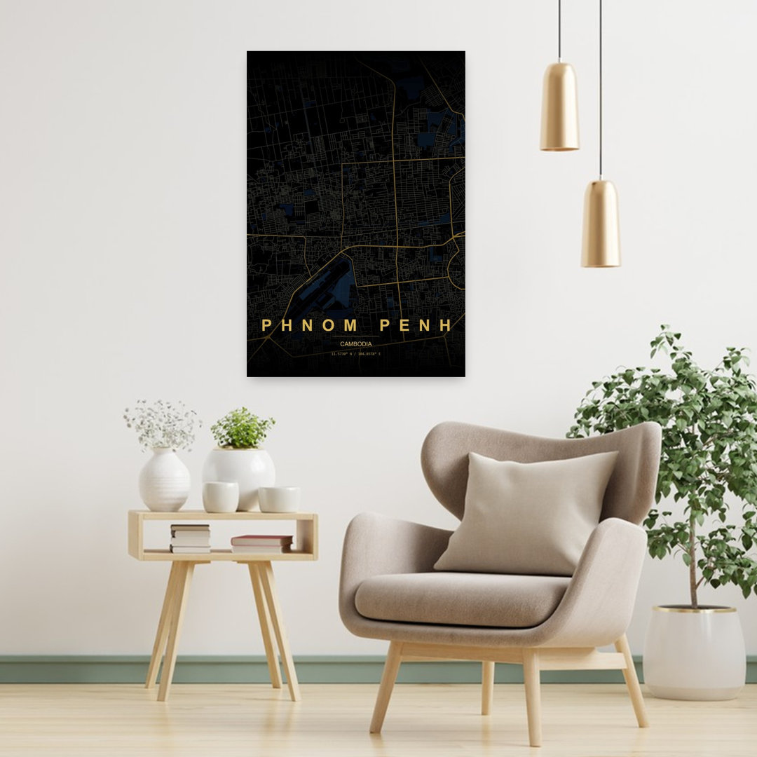 Golden Phnom Penh Map Abstract Geometric Minimalist Architecture City Wall Art Print