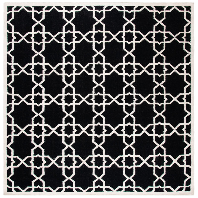 Rodgers Hand Woven Flat Weave Wool/Cotton Geometric Rug in Ivory/Black, Square 8'