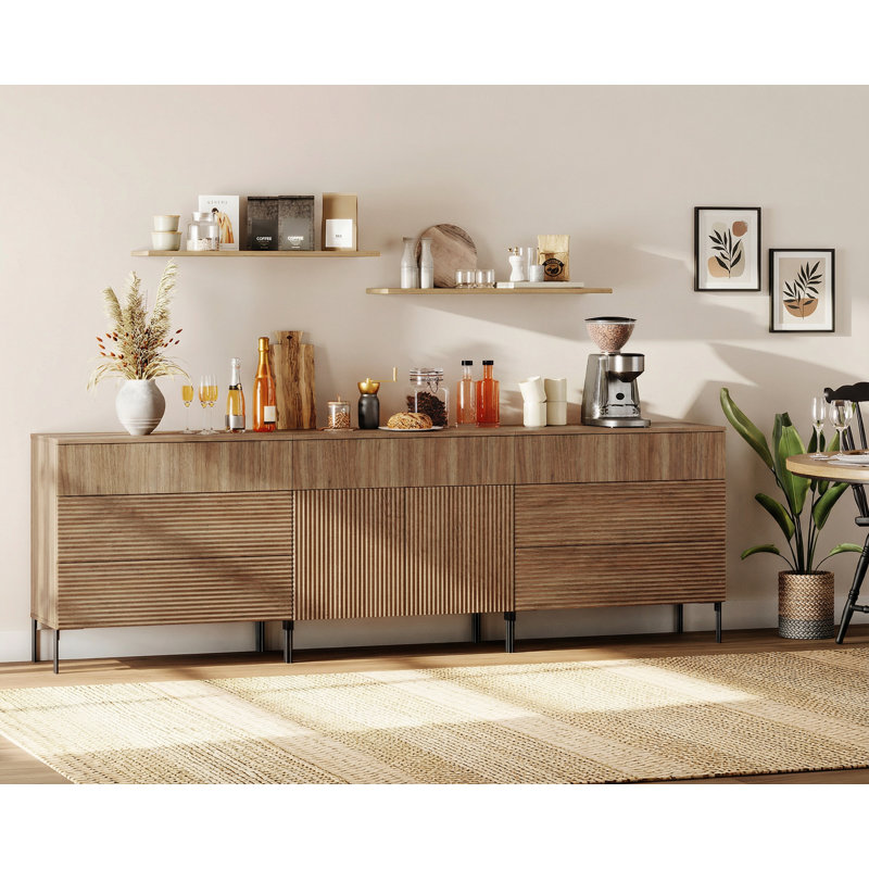 Buffet Aedham 94,5 "moderne en roseau minimaliste avec tiroirs et portes, armoire de rangement en bois 3-en-1, Noyer
