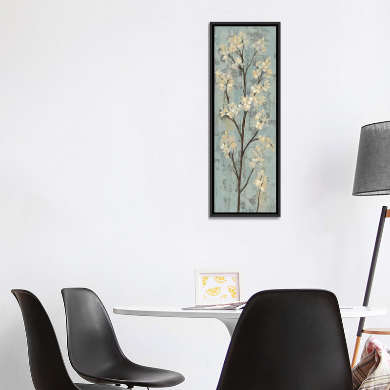 «Almond Branch I: On Light Blue» par Silvia Vassileva, impression sur toile tendue, H 48 po x l 16 po x P 1,5 po, Cadre noir