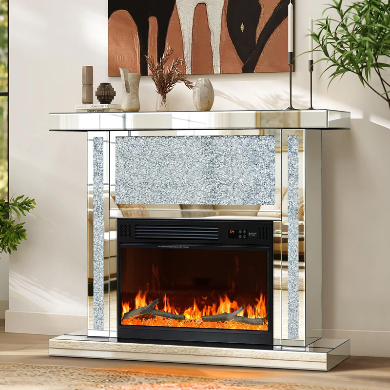 Crushed Diamond Mirrored Electric Fireplace With Mantel, Freestanding Fireplace Heater With Bluetooth Speaker, 7 Color 3d Flame Effects, Remote Control, Silver Fireplace For Living Room Bedroom&corner