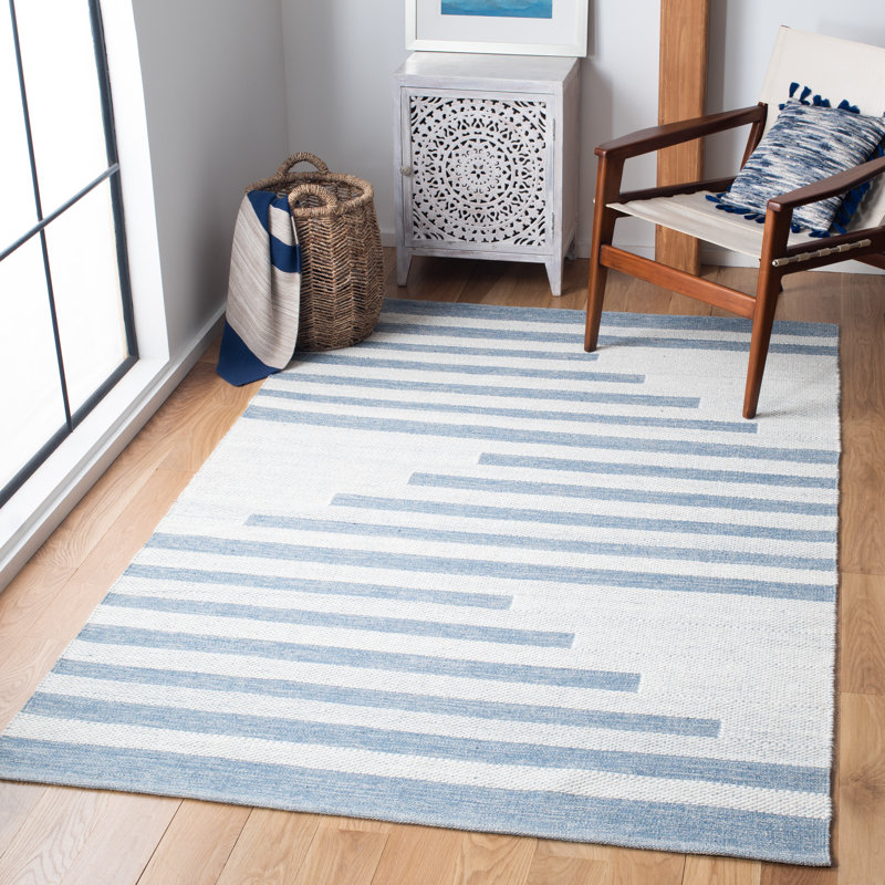 Tapis rayé ivoire / bleu en coton tissé à la main Wisen, Rectangle 6 pi x 9 pi