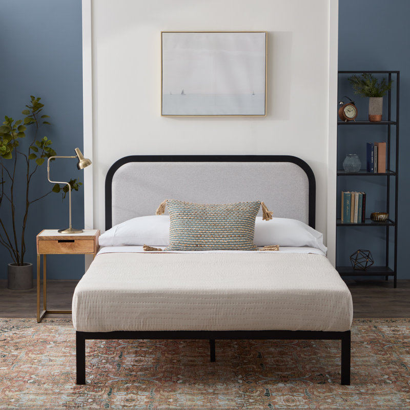 Queen Black Metal Bed Frame with Upholstered Headboard and Slats