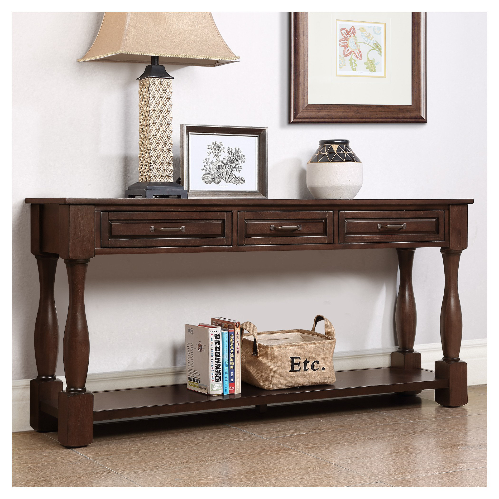 Everly Quinn 63 Inch Solid Pine Wood Console Table with 3 Drawers and ...