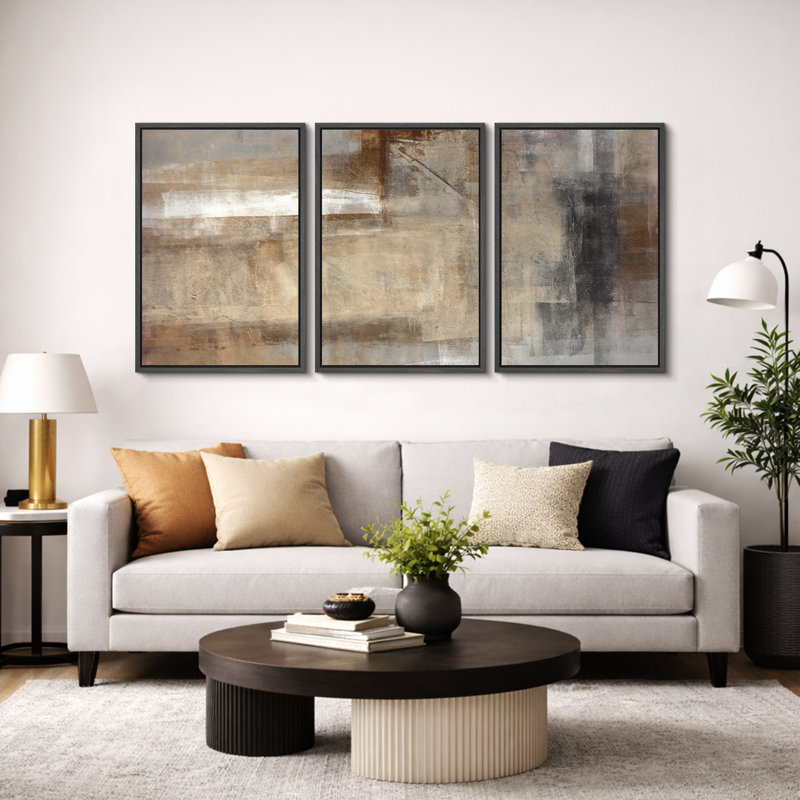 Grunge Abstract Paint Stroke Effect "Neutral Tan Brown Artwork, Rustic Living Room Wall Pictures, Large Framed Canvas Giclee Print 3 Pieces Wall Art Set" 16"x24"x3 pcs, 24"x36"x3 pcs