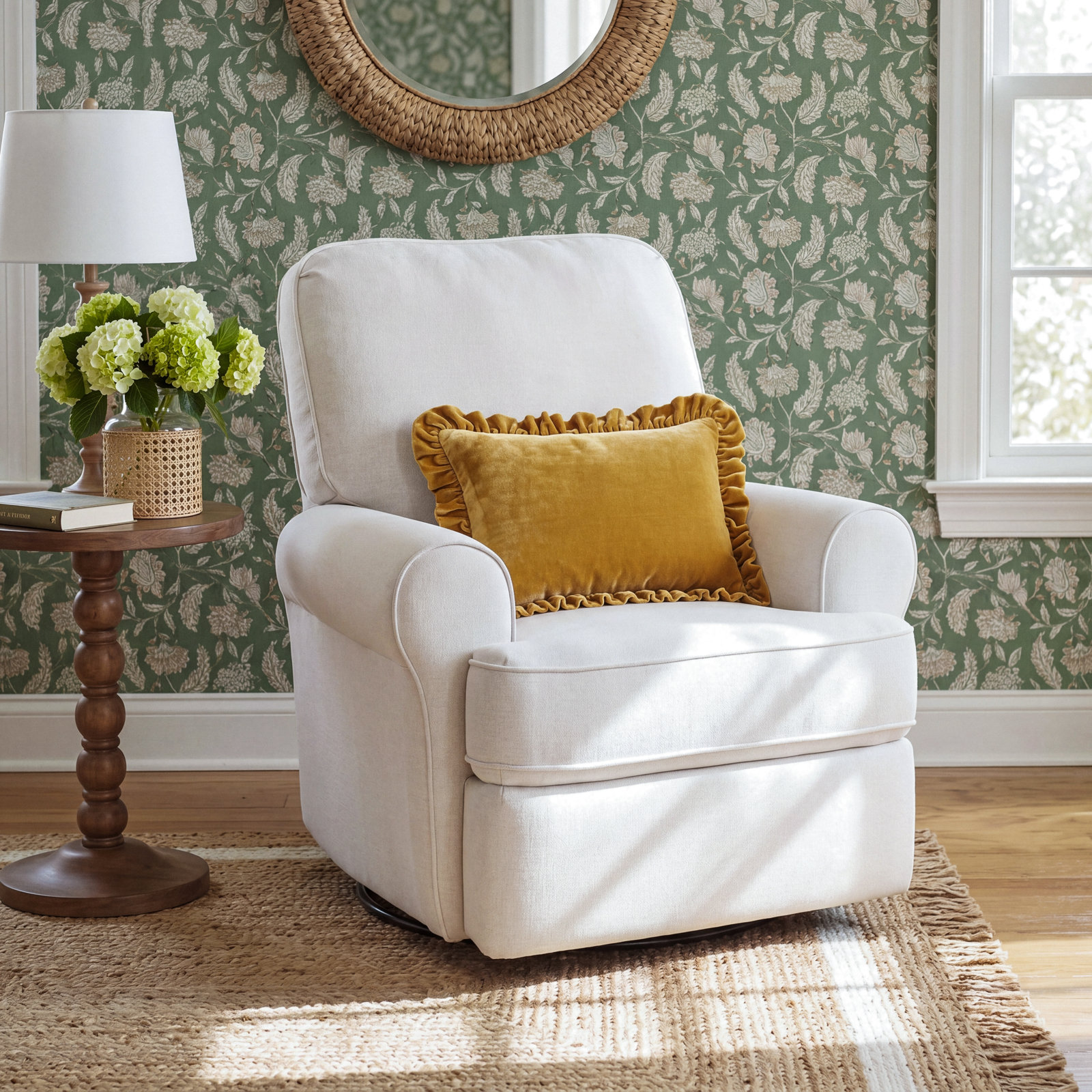 Aubry Upholstered Swivel Reclining Glider, Snow Ivory Performance