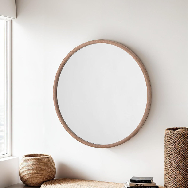 Large Solid Oak Round Wood Nashelle Wall Mirror, Oak Wood, 90cm x 90cm