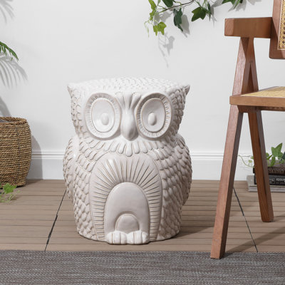 Millie 17.5" Cottage White Ceramic Owl Garden Stool, Versatile Indoor and Outdoor Decorative Accent Side Table & Patio Plant Stand