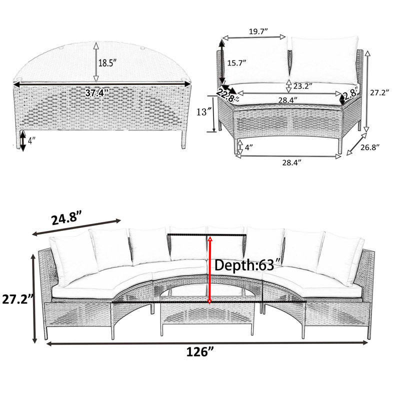 Ensemble de canapé modulaire 5 pièces 5 pièces avec table en verre trempé