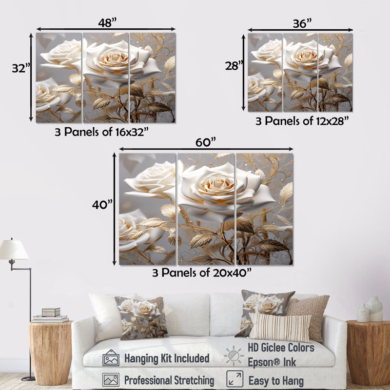 «White Rose Golden Leaves On Grey II - Roses», ensemble d'art mural, Toile tendue, H 40 po x l 60 po x P 1 po