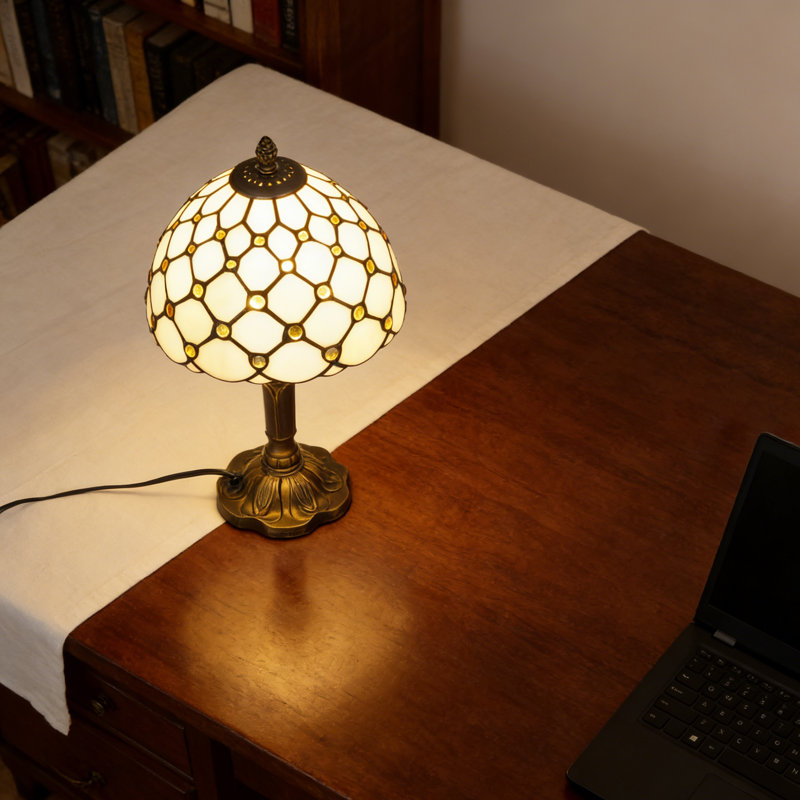 13.4" H Tiffany Style Stained Glass Table Lamp, Vintage Bronze Base, Geometric Pattern With Accent Beads With Bulb