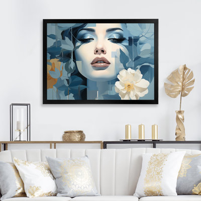 «Blue and Beige Abstract Woman with Flowers II» - art mural tendance